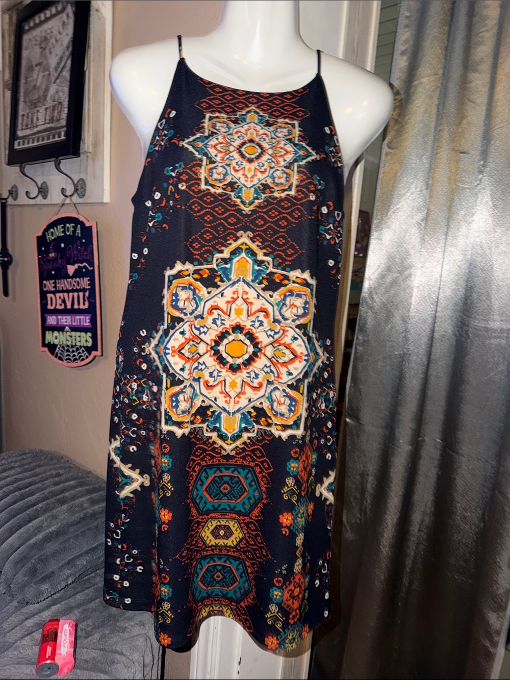 Boho Medallion Print Halter dress - Black XS